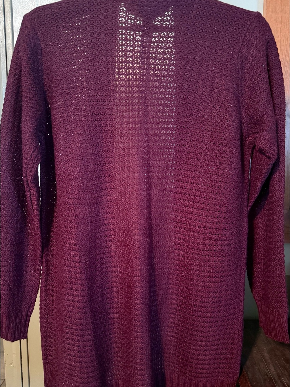 Long Open-Knit Cardigan Sweater in Deep Burgundy